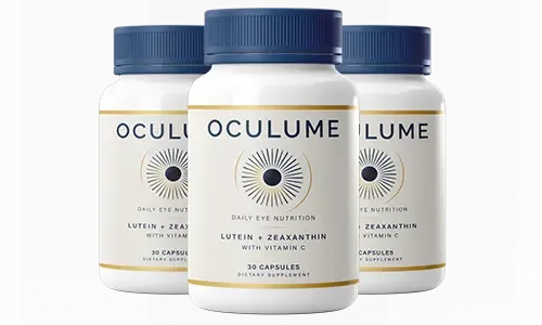 Oculume daily eye nutrition capsules reviewed by Oculume Vision — three bottles, lutein + zeaxanthin with vitamin C