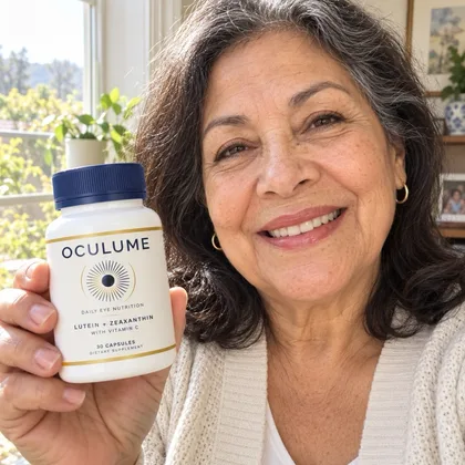 Carolyn K., Oculume customer, holding a bottle of Oculume by a window