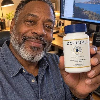 James W., Oculume customer, holding a bottle of Oculume at his desk